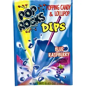 Pop Rocks Dips Crackling Candy with Lollipop Blue Raspberry Flavor 0.33 oz Fun Popping Candy for All Ages Sugar Nostalgic Snacks Sweet Tangy Fruity