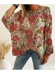Spring & Summer Off-Shoulder Diamond Cutout Batwing Drop-Shoulder Loose Knit Top. Contrast Floral Flower Print, Long Sleeve, Bohemian & Vacation Style, Casual Elegant Commute. Cover-up for Vests and Bikinis.