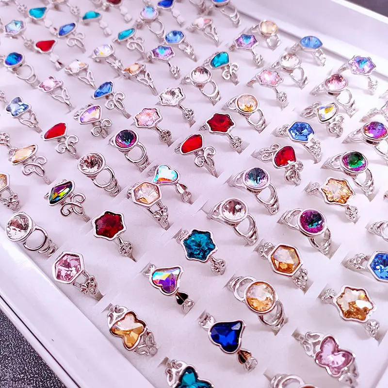 Women's 50pcs Assorted Color Glass Gemstone Rings - Stainless Steel Jewelry, Festive Party Bag Gift, Daily Wear Accessory