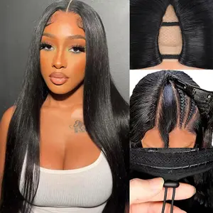 V Part Wig Human Hair Straight Vpart Human Hair Wig Upgrade U Part Glueless Half Wigs Human Hair Clip in V Part Wig Glueless With Elastic Drawstring No Leave Out for Women Beginner Friendly