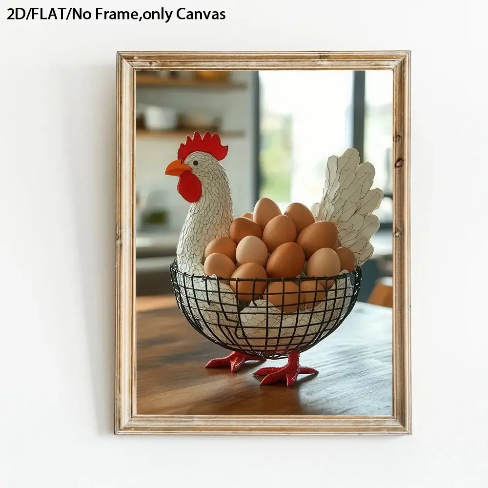 Farmhouse Wall Art, Chicken Egg Storage Basket Poster, Rustic Country Kitchen Printing, White Red Brown Canvas Decoration, Kitchen & Dining Room Aesthetic, Perfect Housewarming Gift, Framed.