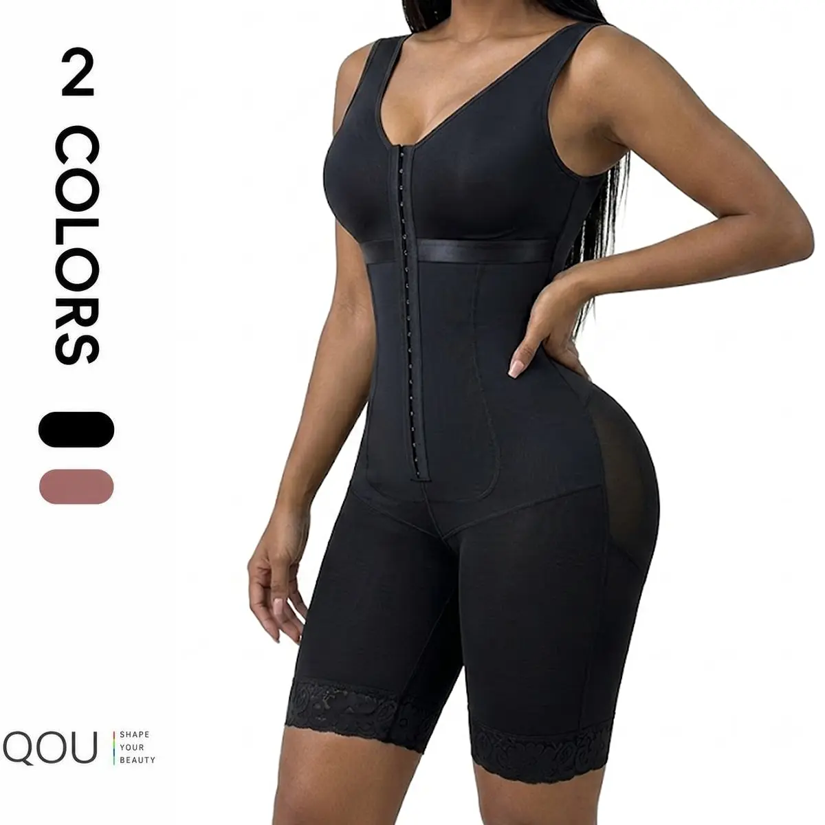 QOU Women's Colombian Spandex Shapewear Bodysuit - Tummy Control, Butt Lifter & Minimizing with Adjustable Straps and Built-in Bra, Fabric, Compression, Stretchy