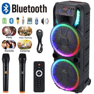 Dual 15 inch Karaoke Speaker System W/ 2 Microphone Portable Party Box Loud Big Speaker Wireless Bluetooth Stereo Rechargeable Remote Control LED Lighting