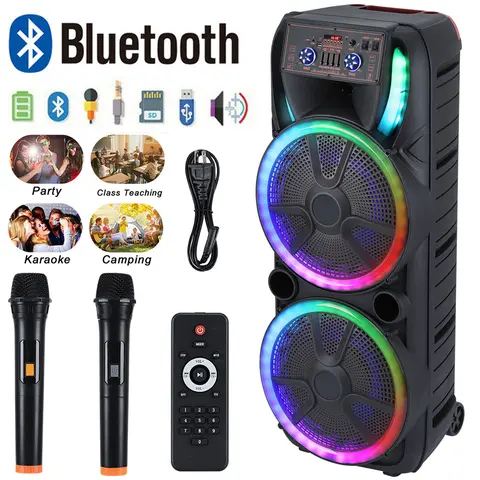 Dual 15" Portable Bluetooth Speaker, Built-in Lighting LED Light Karaoke Party Sound Box with 2 Microphones, Rechargeable Remote, AUX Input, Music Setup