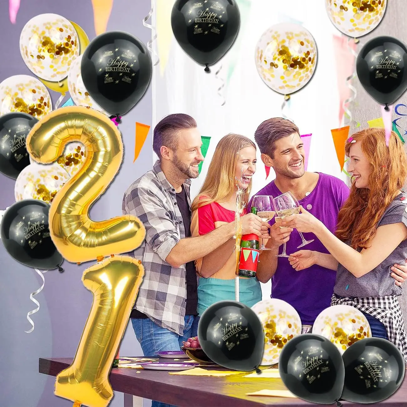 21st Birthday Party Decorations Set for Him with Gold Balloons, Banner & Cheers to 21 Years