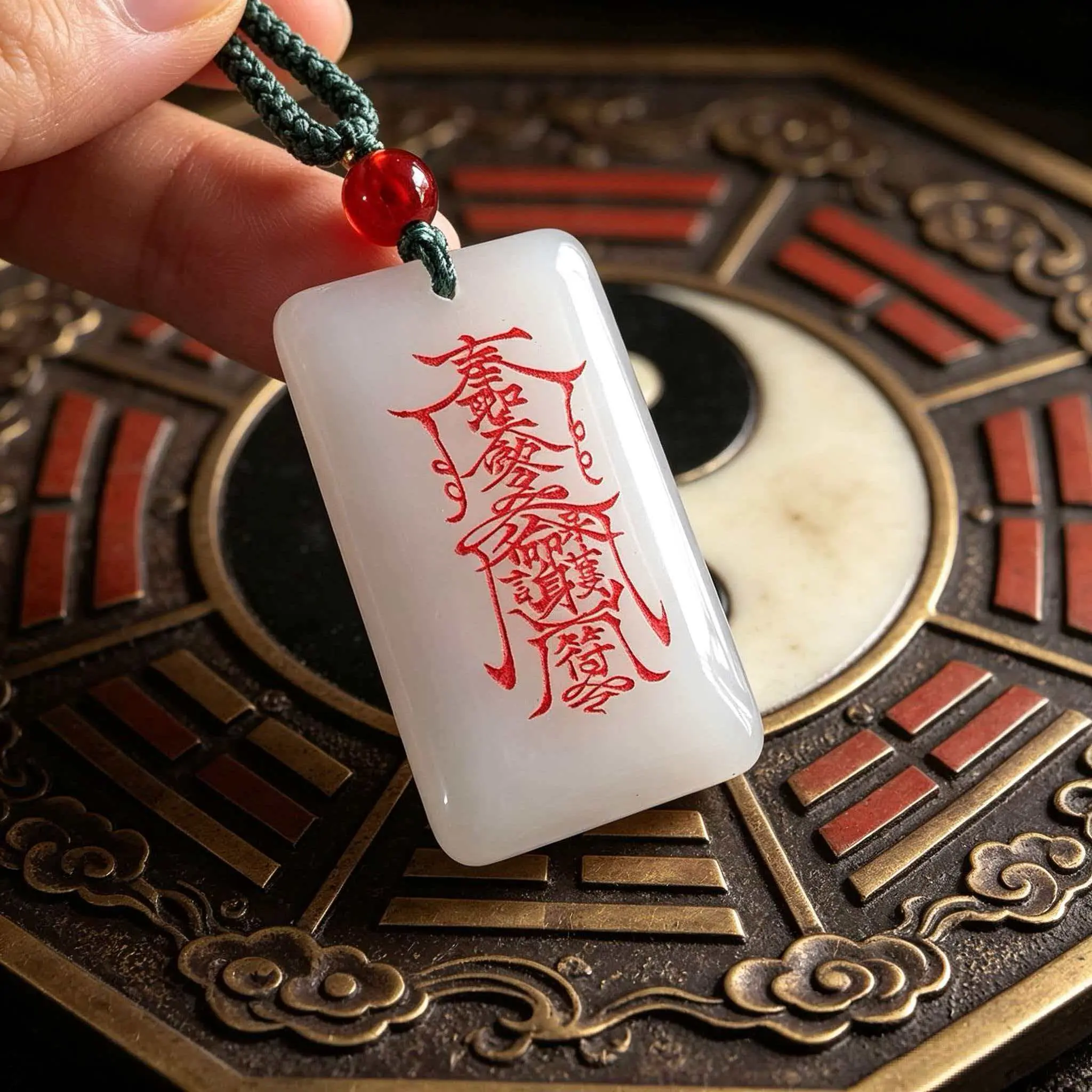 Ethnic Crafted Nephrite Jade Pendant with Fabric Cord & Red Dot Bead - A Lucky Energy Blessing Charm to Dissolve Misfortune, Nephrite Jade Charms & Pendants, Daily Wear, Bead Accent, Unisex, White Jade