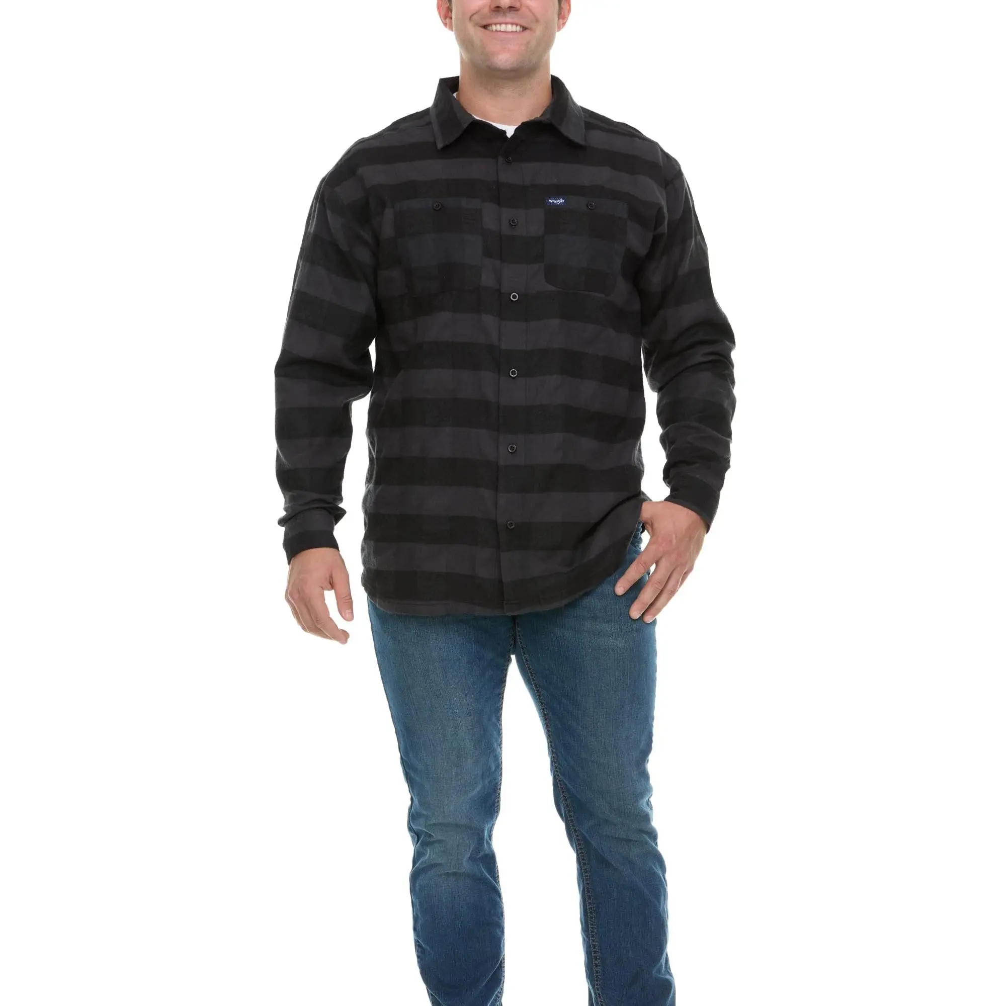 Wrangler Big and Tall Flannel Shirt for Men – Mens Button Down Plaid Shirt Black/Grey