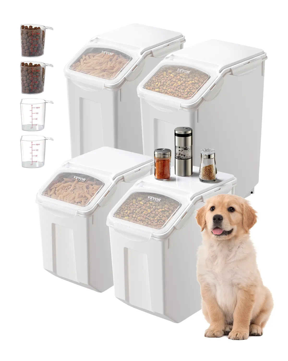 【summerfinds】VEVOR Rice Storage Container, 3.5Gal/15Lx2 + 4.5Gal/20Lx2 Large Dog Food Dispenser Bin, Kitchen Ingredient Grain Cereal Bin, Pet food Containers with Wheels, 4 Measuring Cups, Airtight Lid, 4 Pack, Food Storage,campingessentials,campinggea