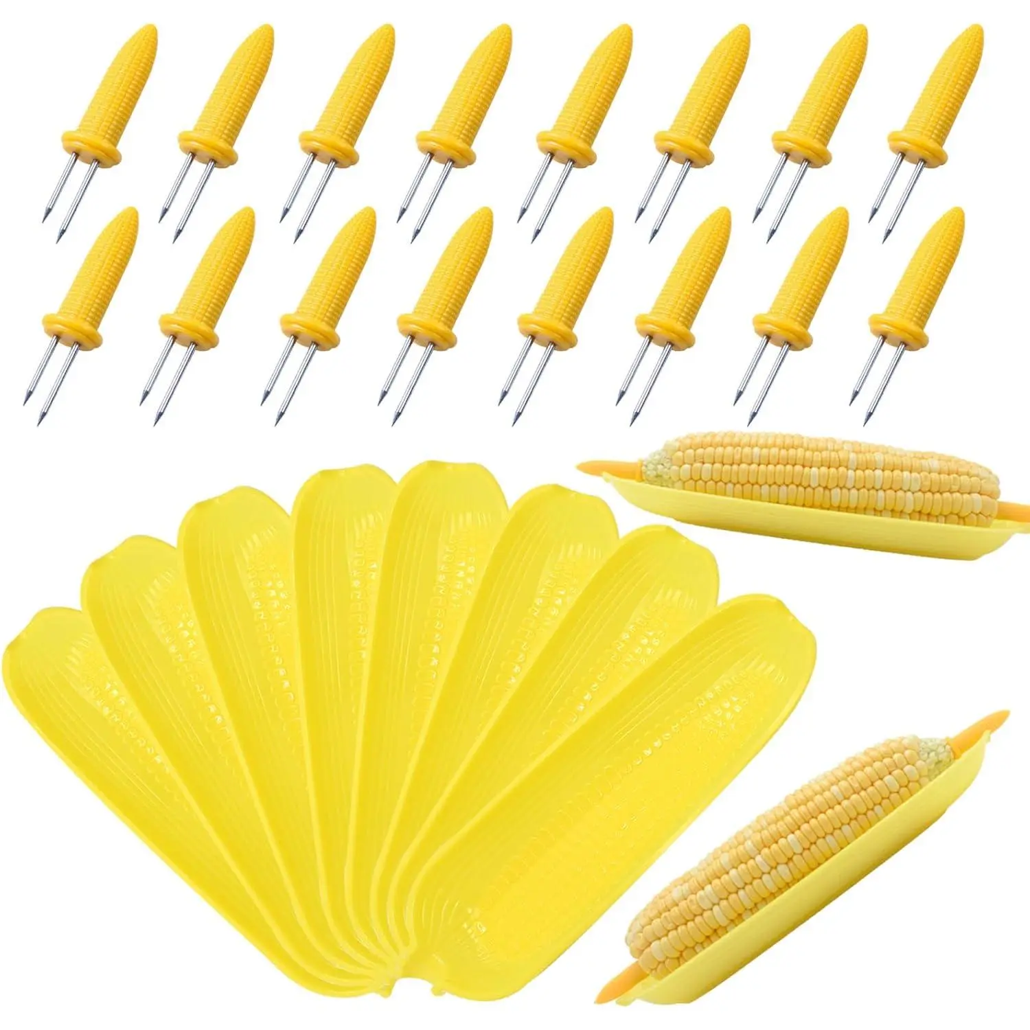 Stainless Steel Corn on the Cob Utensil Set - 16 Holders, 8 Dishes, 1 Sturdy Plastic Storage Tray, Home Kitchen Accessory for Cooking, Supplies, Barbecues