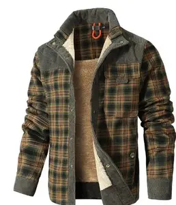 Men's Corduroy Plaid Sherpa Lined Flannel Shirt Jacket Fleece Coat