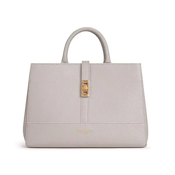 Women's Lola Stampato Retro Chic Satchel - Soft Pebbled Leather Light Grey Box-Shape Top Handle Bag with Adjustable Strap, Expandable Multi-Compartment for Office, City Business & Casual Use