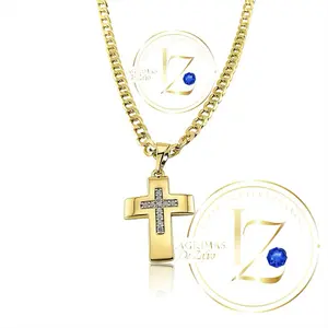 COD2009  Cuban Chain 4 mm Wide with Cross Pendant Gold Plated Necklace for Men Women
