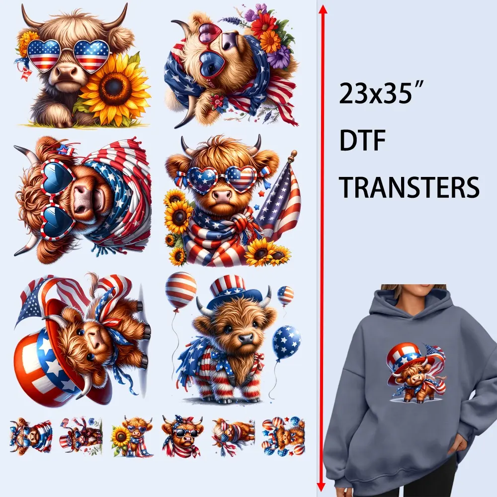 12 PCS/Set Iron on Transfers July 4th Patriotic American Highland Cow DTF Transfers Ready to Press Heat Transfer Stickers Iron on Decals for T Shirts Hoodie DIY Crafts Summervibes