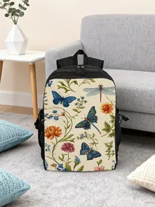 （2D Flat Printing）1pc Butterflies and Flowers Computer Backpack - Adjustable & Portable, Business Travel Backpack, Durable Material, Suitable for Hiking, Business Trips, Street Shooting, Camping, Beach, Shopping, Unisex