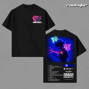 Oversized Graphic T-Shirt Omar Courtz Por Si Mañana No Estoy Album - Heart Design Front with Full Tracklist Neon Art Print on Back, Premium Soft Cotton Unisex Streetwear Tee Comfortable Casual Wear