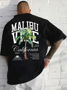 Men's Oversized Long Malibu California Palm Tree Graphic T-Shirt - California Coastal Streetwear Tee, Malibu Vibe Palm Tree Print Oversized Top, California Themed Graphic Men's Short-Sleeve, Casual Malibu Coastal Oversized T-Shirt