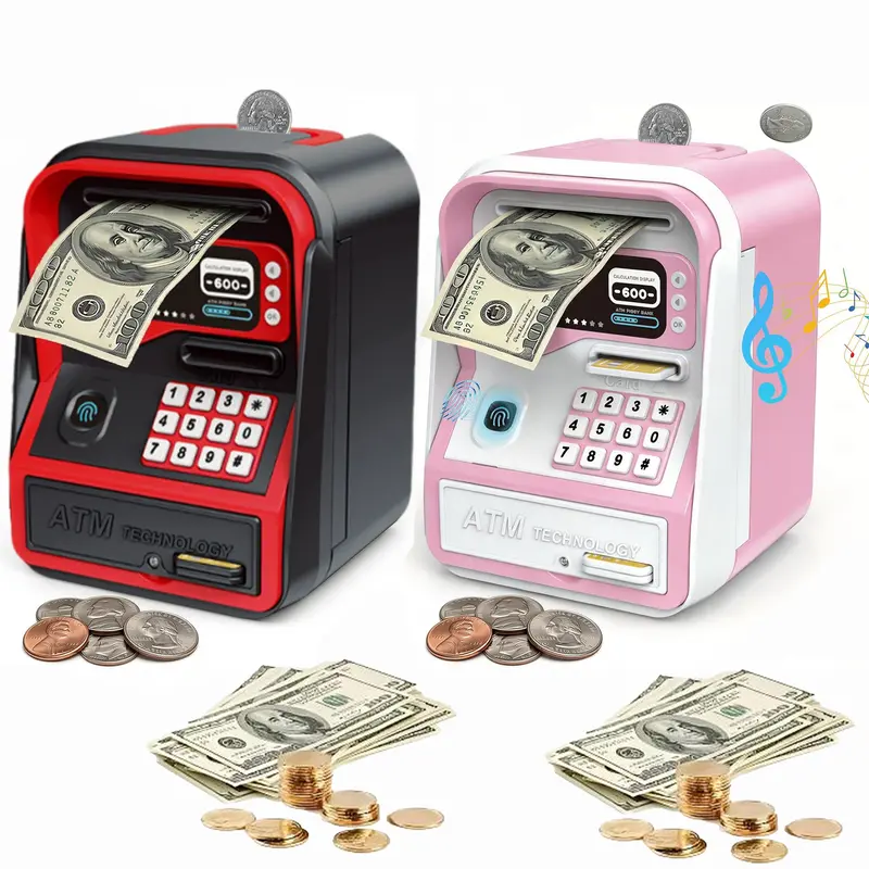 ABS Plastic Electronic ATM Piggy Bank - Anti-Theft Savings Box, Cash Saving Box, Fingerprint Lock, Password Lock, Auto Bill In Slot, Large Capacity for All US Coins, Pig-Shaped Home Decor (Requires AA Batteries)