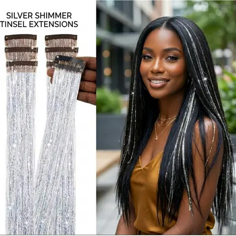24-In Clip On Hairpieces Tinsel Kit, 66g Glitter Strands with Adjustable Length, Combs, Washable, Hair Dryer-Compatible, Heat-Resistant Under 365°F, Casual Flush Mount Fashion Accessory for All Ages (1 Year of Use)