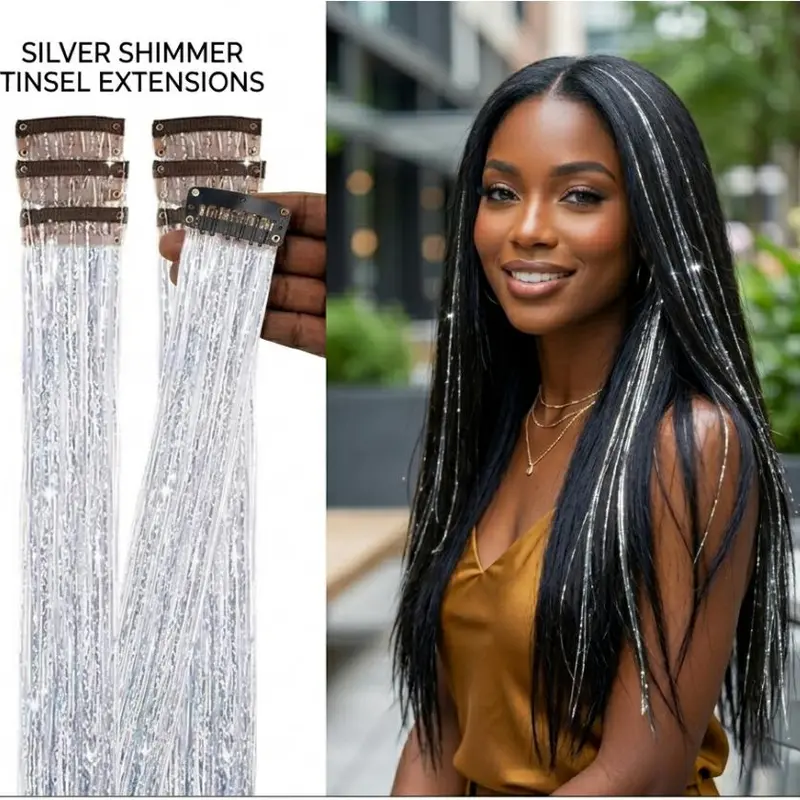 24-In Clip On Hairpieces Tinsel Kit, 66g Glitter Strands with Adjustable Length, Combs, Washable, Hair Dryer-Compatible, Heat-Resistant Under 365°F, Casual Flush Mount Fashion Accessory for All Ages (1 Year of Use)
