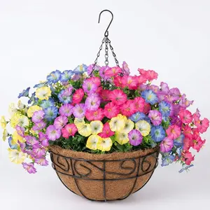 Artificial Faux Hanging Plants Flowers Basket for Outdoors Spring Summer Decoration, Silk Morning Glory Eucalyptus Look Real UV Resistant Fake Flowers for Porch Outside Patio Balcony Yard Home Garden, Hanging Plant Pot