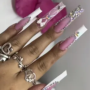 10pcs-Pack Handmade Reusable Full Coverage Nail Stickers for Women - Square Extended French Manicure with Rhinestone Glitter & Bow Design, White & Pink Glossy Press-On Nails for Parties, Weddings, Special Events, Nail Stickers for Nail Art, Wedding Access