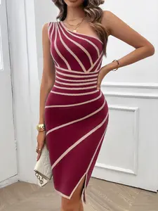 Women's Striped Print One Shoulder Bodycon Side Slit Dress, Elegant Sleeveless Knee Length Dress for Party Dating Wear, Women's Clothing for All Seasons