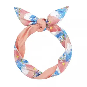 JuneStudioDesign Extra Long Wide Wired Cotton Pattern Headband|Tie Knot|Twisted|Fabric|Dolly Bow|Turban|Hair Bun|Ponytail Scarf|Braid Scarf|Hair Wrap|Vintage|Art Retro|Pink Fuji
