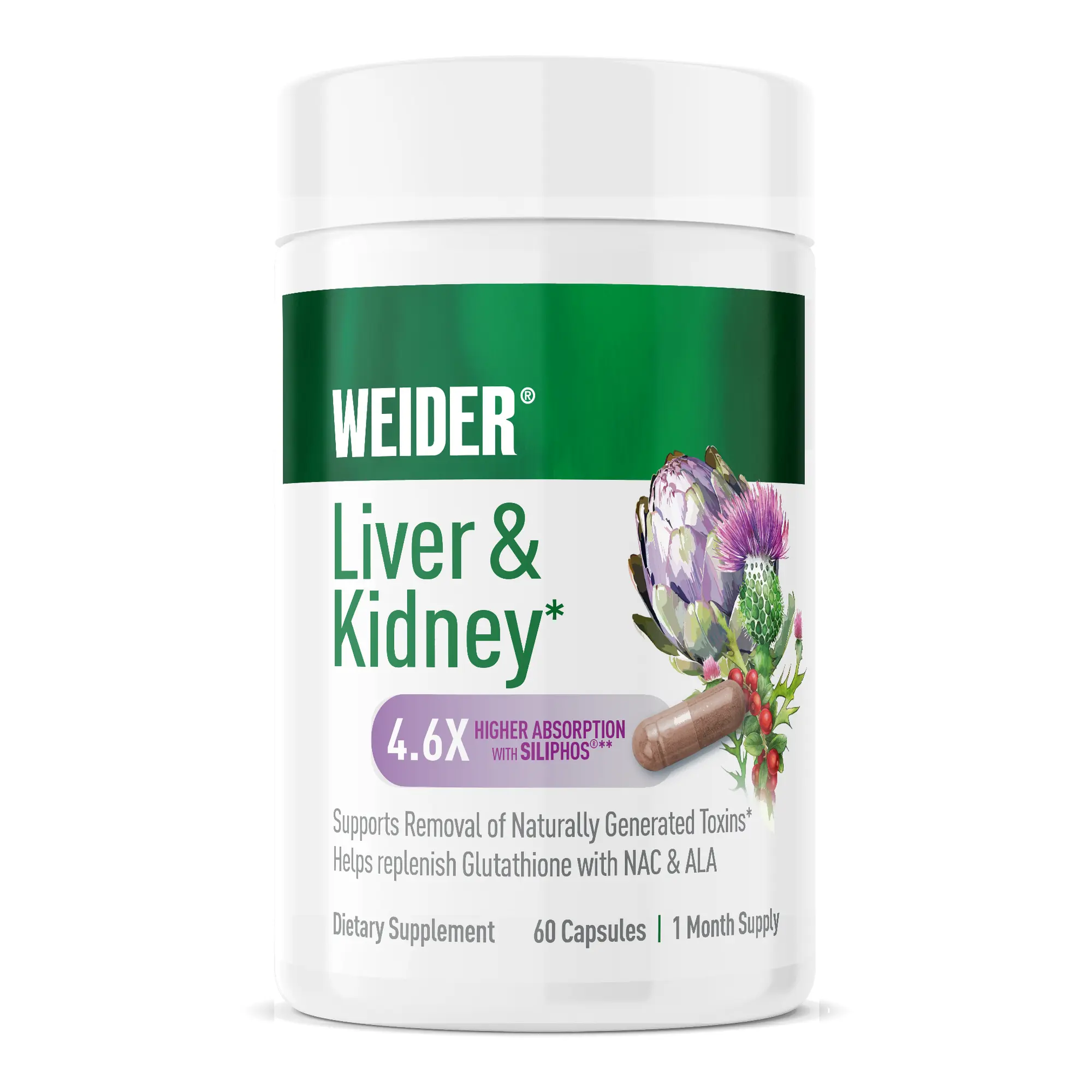 Weider Liver & Kidney Support - Antioxidant Complex with Milk Thistle Extract, NAC & Alpha Lipoic Acid - Daily Liver & Kidney Supplement for Cellular Health Support - 60 Veggie Capsules