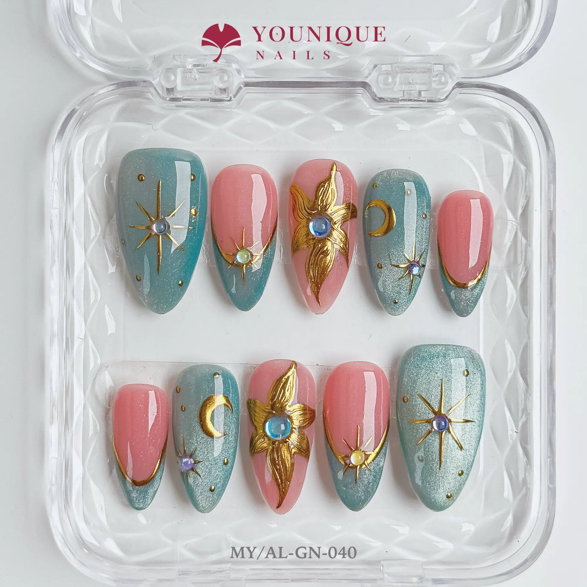 Younique Nails | 10PCS 100% Handmade Press-On Nails | Reusable Colorful Art Glossy Design Acrylic Luxury Long Lasting 3D Stylish Office Wear Floral Embellished Rhinestone salon-quality