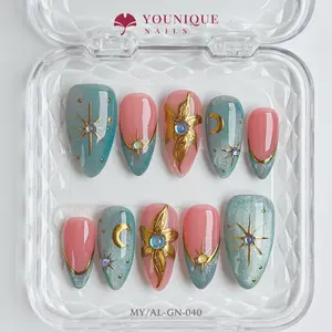 Younique Nails 2025 | Urban Edge | Celestial Garden| 10PCS 100% Handmade Press-On Nails | Reusable Colorful Art Glossy Design Acrylic Luxury Long Lasting 3D Stylish Office Wear Floral Embellished Rhinestone salon-quality