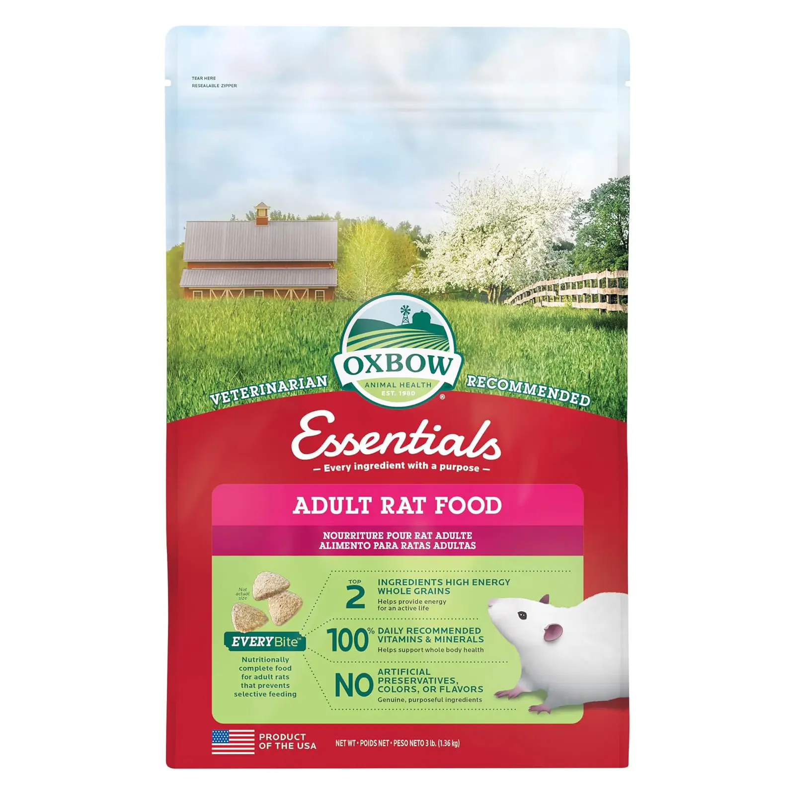 Oxbow Essentials Rat Food, Pet Food for Adult Rats, All-Natural Vitamin & Mineral Rich Formula, Veterinarian Recommended, Oxbow, Rodent Pellets, Made in USA, No Artificials, 3 lb. Bag