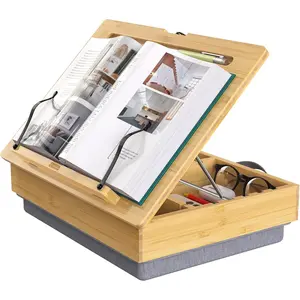 Adjustable Bamboo Book Stand for Reading with Storage, Soft Lap Cushion, Hands-Free Book Holder Cookbook Stand for Bed, Desktop & Kitchen Counter