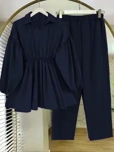 Women's Loose-Fitting Two-Piece Set, Lantern Sleeve Waist-Cinching Shirt & Wide-Leg Pants, Casual Plain Design, Chic Elegant Leisure Wear