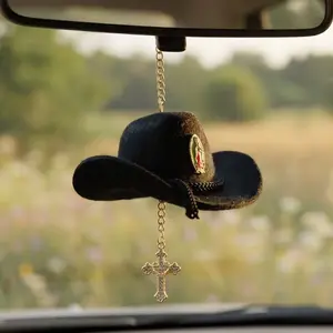 Faith Charm - cowboy hat with Virgin Mary charm and rhinestone trim.  cross hanging charm