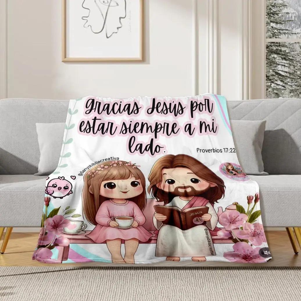 Christian Print Throw Blanket - Cute Cartoon Jesus & Kids Design, Ultra Plush Lightweight, Floral Scripture, Gift for Christmas, Easter, Christian Print Blankets, Floral Christian Scripture Blankets