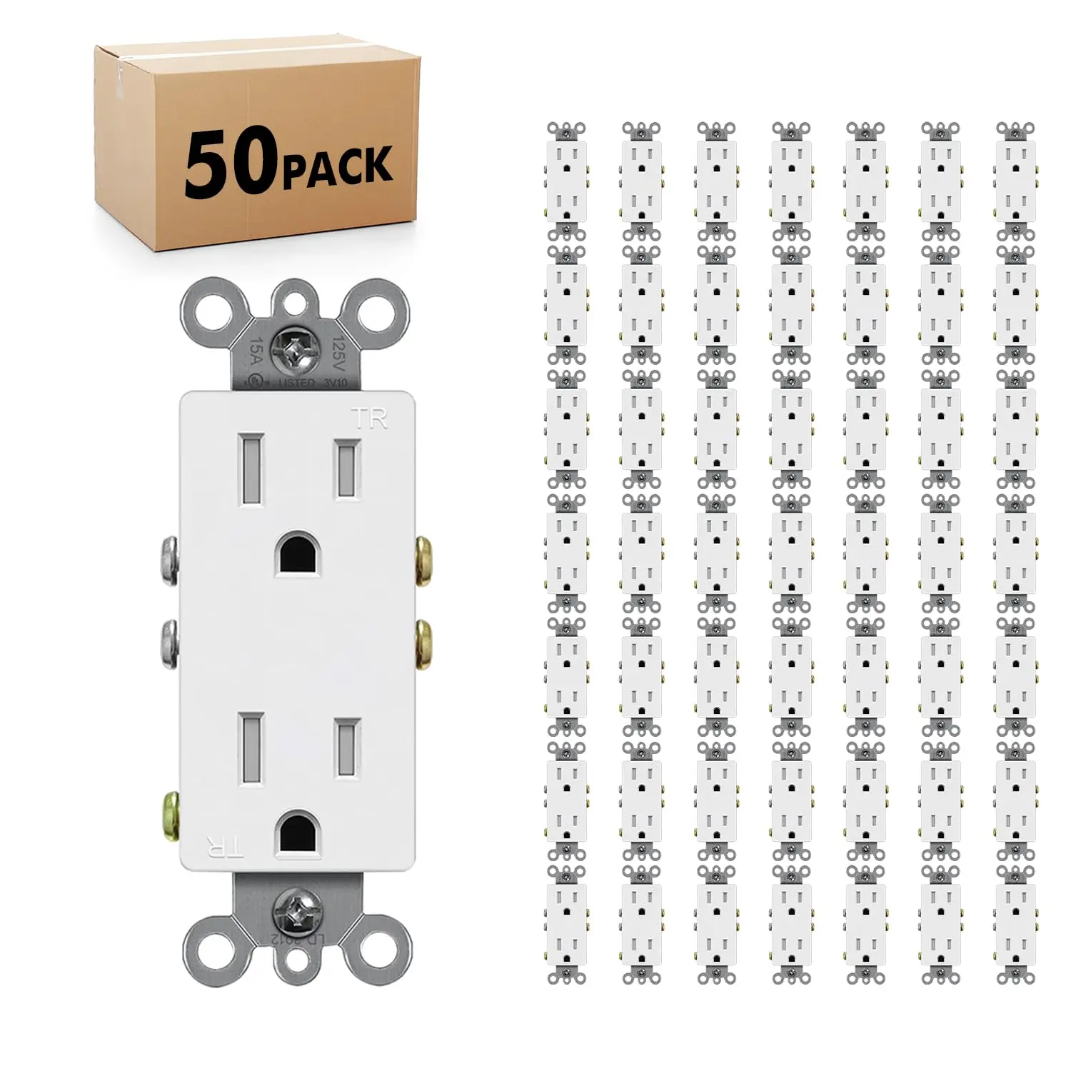Decorator Receptacle Outlet, Standard Electrical Wall Tamper Resistant Decorative Receptacle, 15 Amp 125 , Grounding UL Listed (50Pack, White, 15 Amp Outlet)