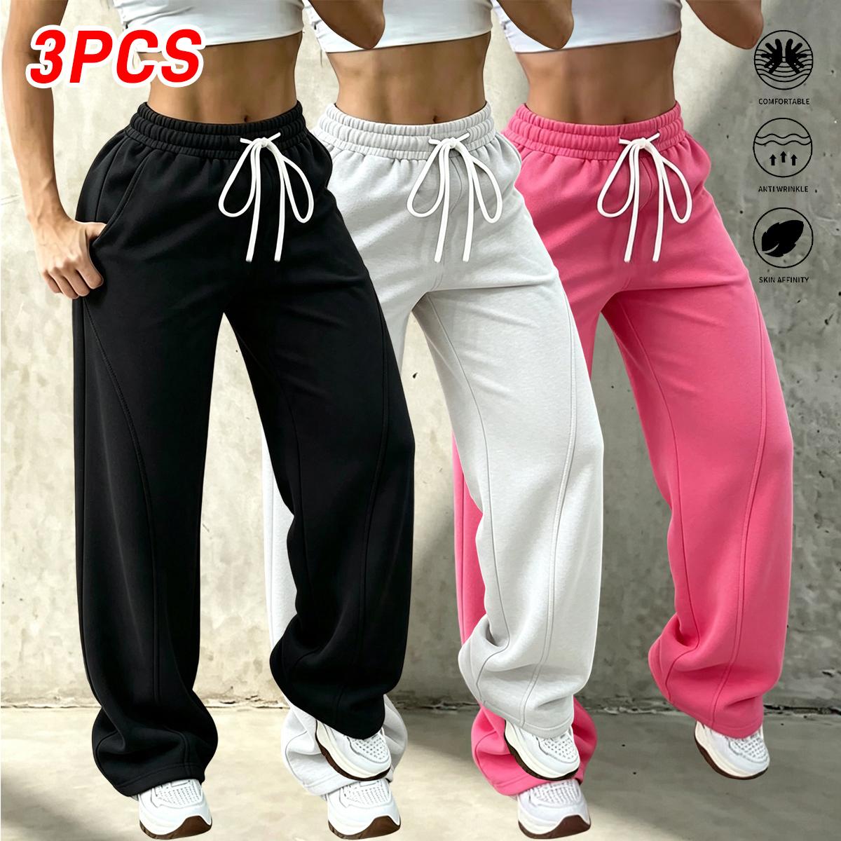 Set of 3 women’s loose casual fleece cotton loungewear pants for autumn/winter, solid color basic office wide-leg pants with a simple design that’s versatile; women’s sports pants made from comfortable fabric with a casual drawstring waistband and a relax