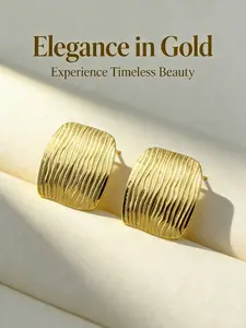 1 Pairs Lady's Gold-Plated Earrings, With Wood Grain Texture, Low Allergenicity, Free Of Nickel, Rectangular Glamwood Earrings, Statement Earrings With Geometric Square Pendants, Jewelry Gift For Fashion.