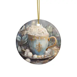 Hot Cocoa, Light Blue & Gold Ceramic Ornament, Christmas Decor, Holiday Gift - Circle, Star, Heart, Oval Shapes