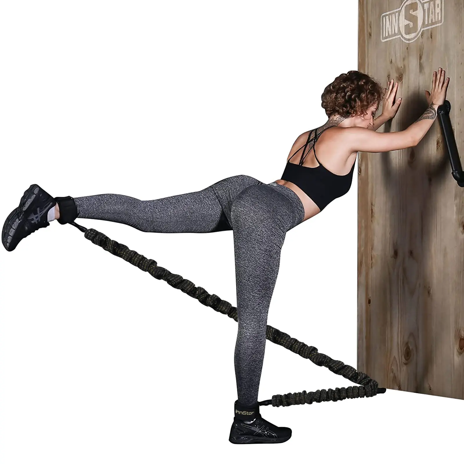 INNSTAR Booty Resistance Band Glute Cord Cable Machine for Hip Home Workout Cable Kickbacks with Instructions & Carry Bag poly cord straps leg  bounce