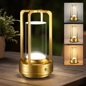 Rechargeable Table Lamp for Outdoor Indoor: Cordless Portable Table Lamps with 3 Color Stepless Dimmable - LED Metal  Operated Lantern - Small Table Lamp for Bedroom/Bar/Coffee Shop/Camping