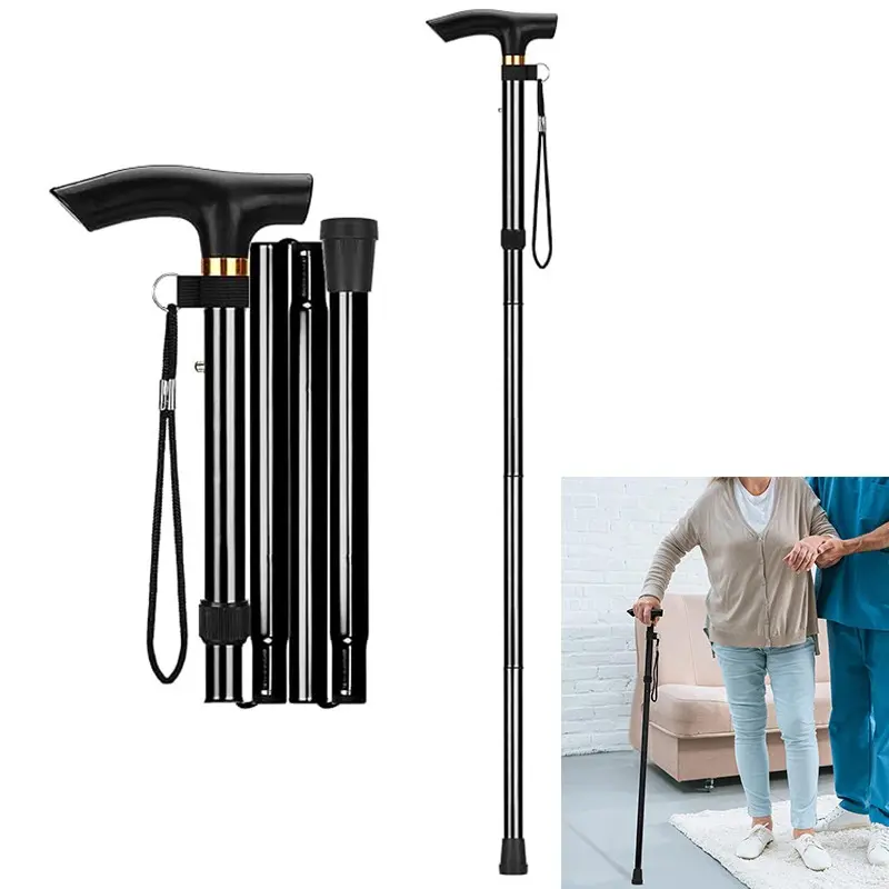 Foldable Cane, Adjustable Height 5 Levels, Lightweight Portable Travel Cane with Wrist Strap and T-Handle, Canes for Seniors, Suitable for Seniors and Disabled, Adjustable Collapsible Cane