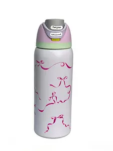 Owala 32oz Insulated Stainless Steel Water Bottle, Leak-Proof BPA-Free with Lift-to-Unlock Straw Lid, Cute Coquette Pink Ribbon Print Reusable Flask for School &  standard Gothic Double Wall  mini filtered  coffee  portable travel witchy mug beer floral