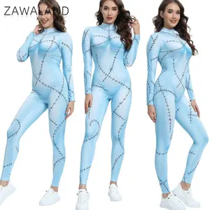 ZAWALAND Halloween Nightmare Sally Printed Cosplay Costume Girls Women Jumpsuit Christmas Cosplay Party Zenti Bodysuit Oufits
