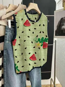 Women's Casual Loose-Fitting Round Neck Sleeveless Knit Top, Deep Blue Edge Color Block Print, Fall & Winter Fashion