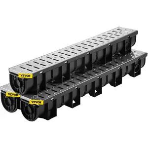 fathersdaygift VEVOR Trench Drain System, Channel Drain with Metal Grate, 5.9x5.1-Inch HDPE Drainage Trench, Black Plastic Garage Floor Drain, 3x39 Trench Drain Grate, with 3 End Caps, for Garden, Driveway-3 Pack