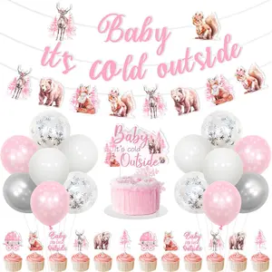 1Set Pink Winter Forest Baby Shower Decorations Set Baby Its Cold Outside Banner Cake Cupcake Toppers Snowflake Woodland Animals Pregnancy Announcement Party Supplies