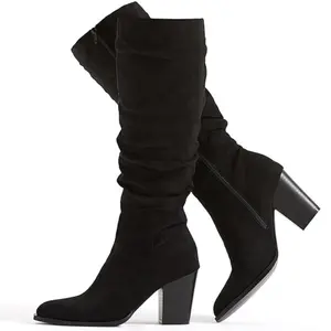 Women's Pointed Toe Knee High Boots Faux Suede Slouch Boots with Chunky Heel Women's Pointed Toe Knee High Boots Faux Suede Slouch Boots with Chunky Heel
