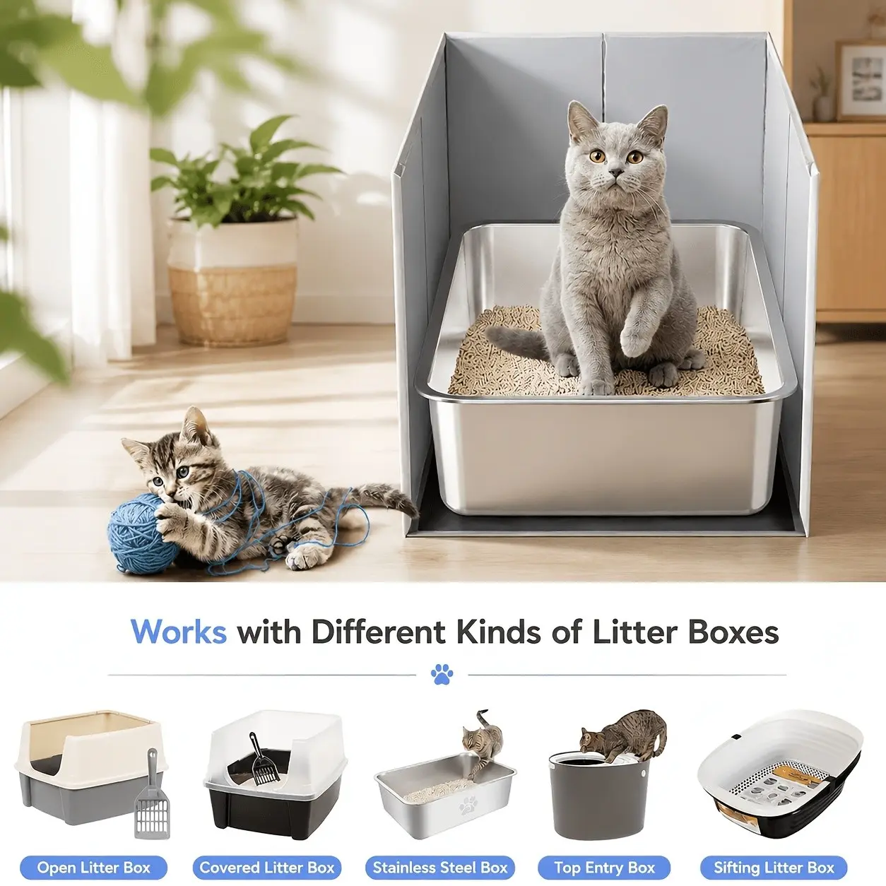 Litter Box with Heightened and Widened Splash Guard, Portable and Foldable Litter Box Baffle, Open-style Litter Box Companion.