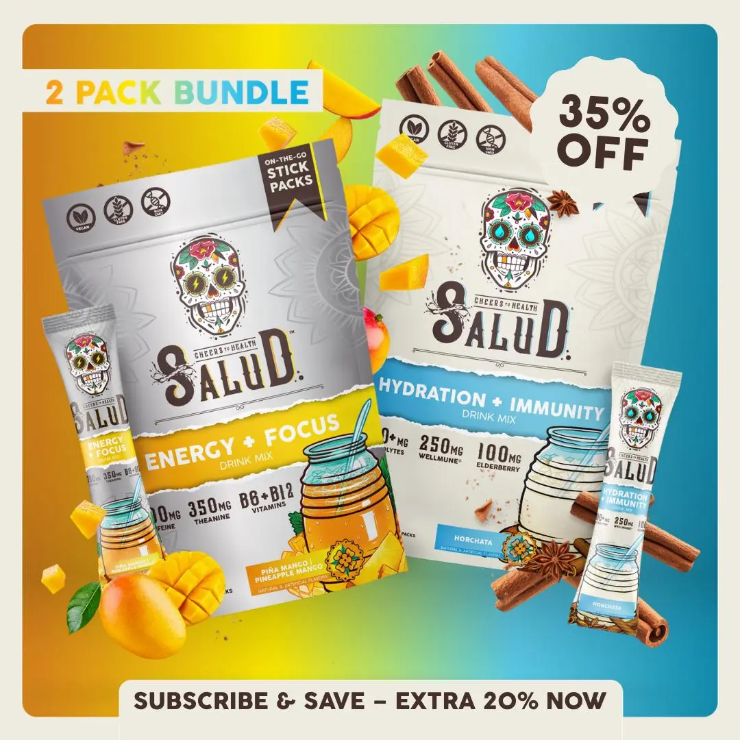 Salud 2-in-1 [Starter - Bestseller Duo] Agua Fresca Drink Mix, Energy + Focus & Hydration + Immunity, Organic Caffeine, B6 & B12, Electrolytes, Elderberry, Non-GMO, Vegan, 1g Sugar (2-Pack, 30 Servings)